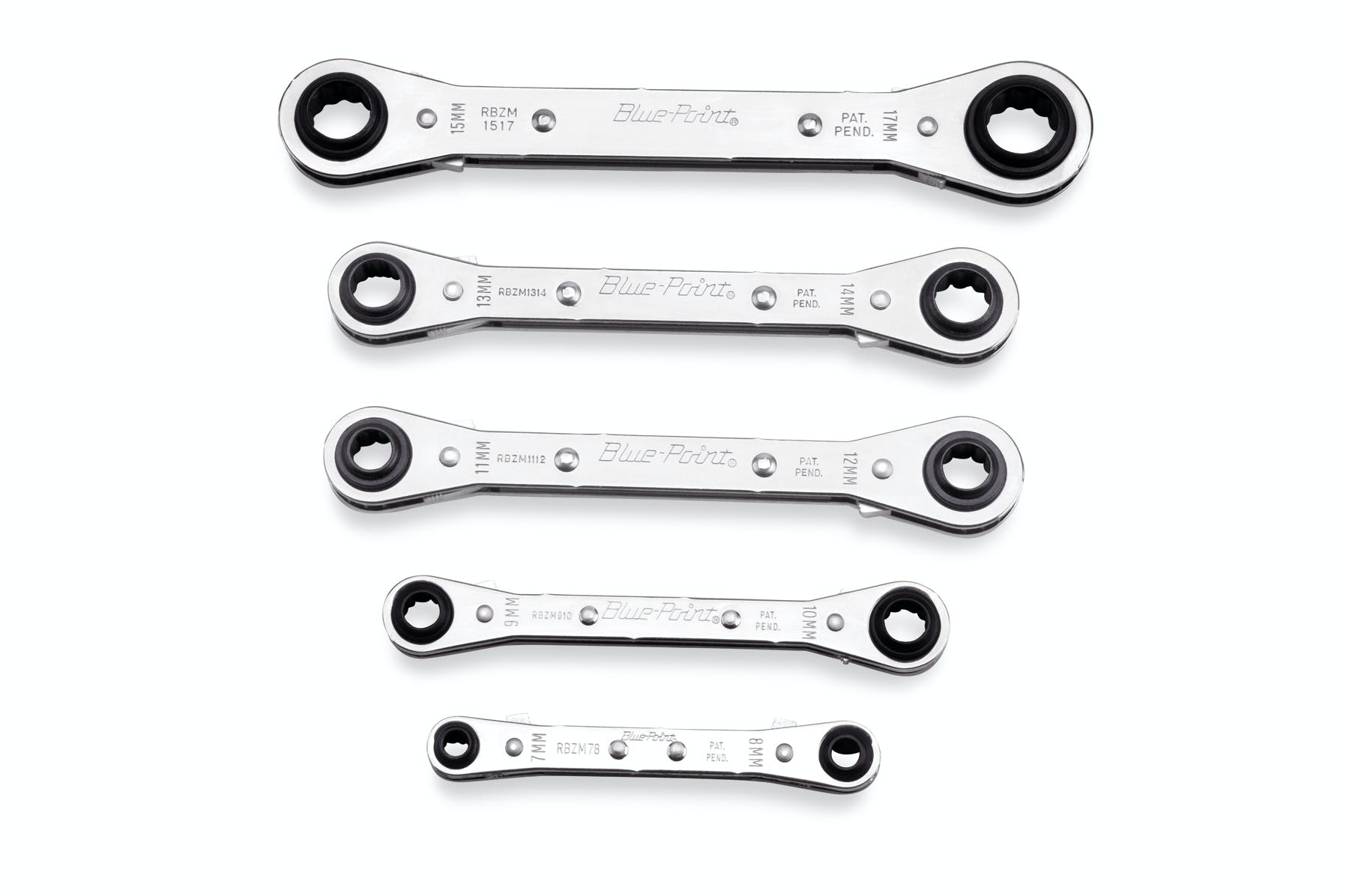 5 pc 12-Point Metric Latch-On® 0° Offset Ratcheting Box Wrench Set (7-17 mm) (Blue-Point®) | RBZM605 5 pc 12-Point Metric Latch-On® 0° Offset Ratcheting Box Wrench Set (7-17 mm) (Blue-Point®) | RBZM605